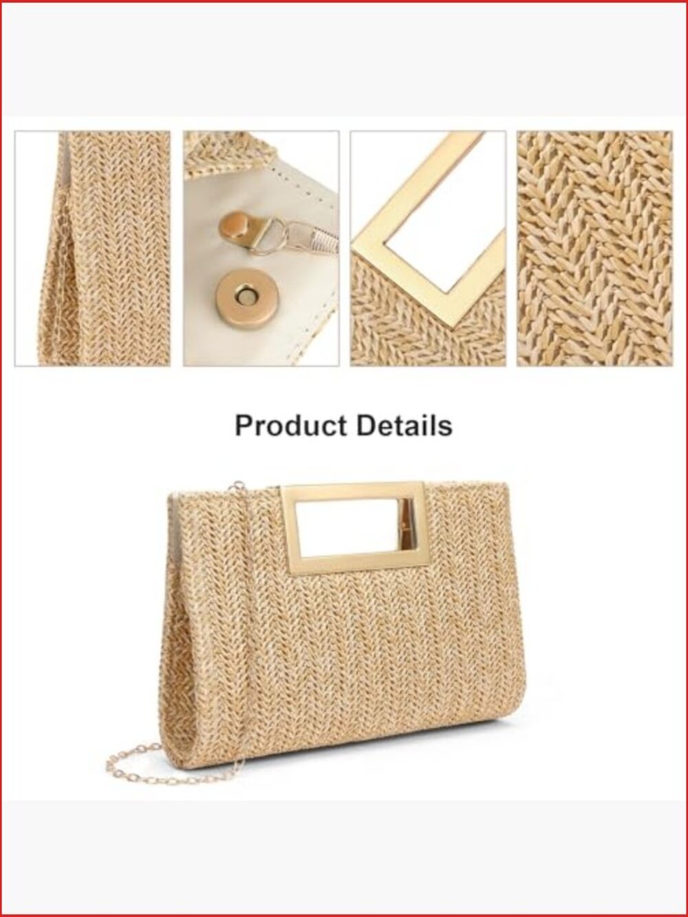 Straw Woven Clutch Handbag with Chain Strap - Evening Bag - Picture 5 of 7
